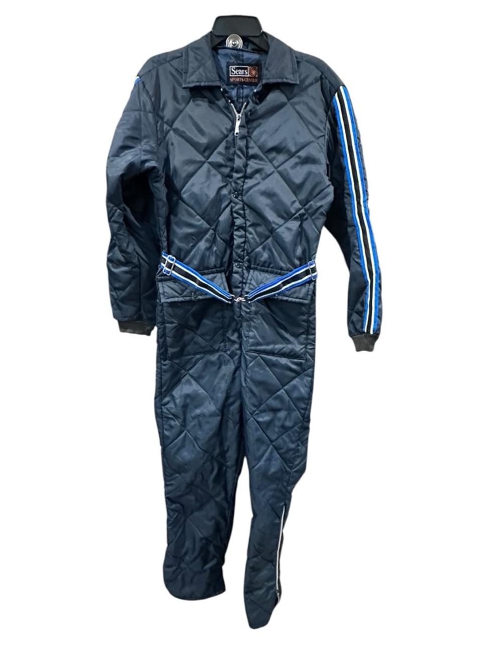 Vintage Sears Sports Center Snowsuit  Navy‎ Quilted Ski Suit Belted Retro